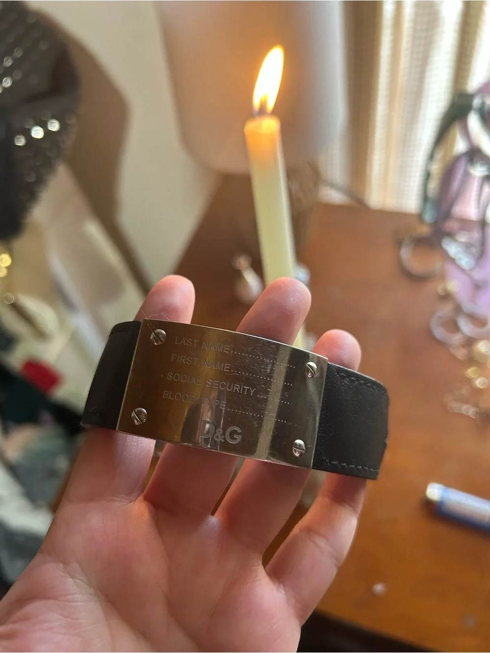 D&G Black Leather ID Plate Bracelet dolce and gabbana